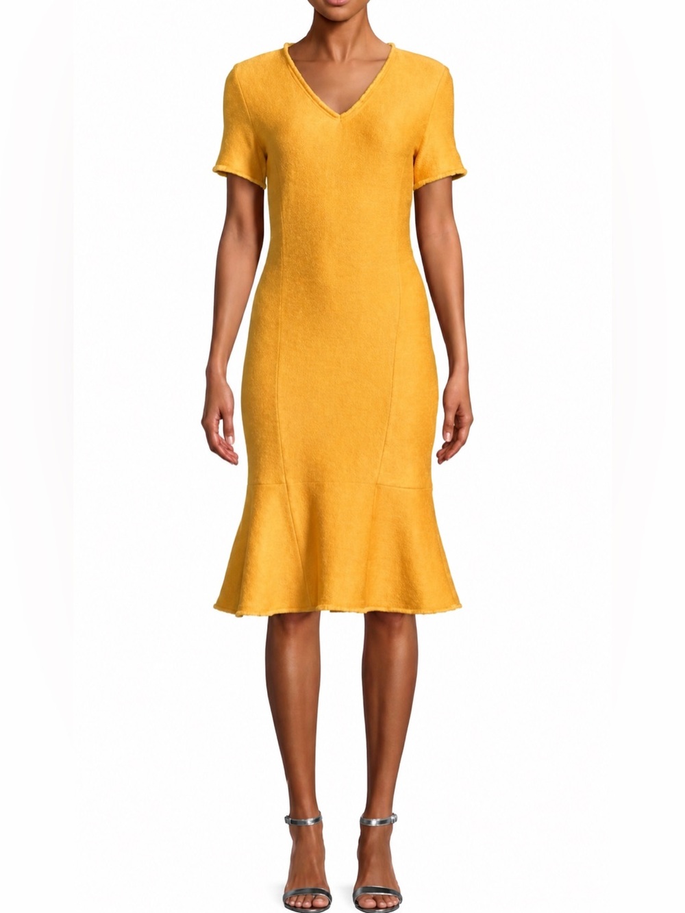 ST. JOHN KNIT WOOL BLEND DRESS Flutter Flounce Hem Silk Trim